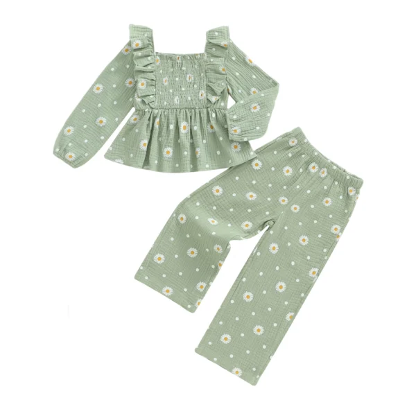 Flower Embroidery Long Sleeve Shirt with Wide Leg Pants Set