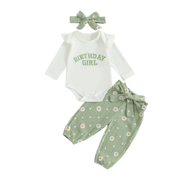 Fall Outfit Set with Long Sleeve Romper and Daisy Print Pants