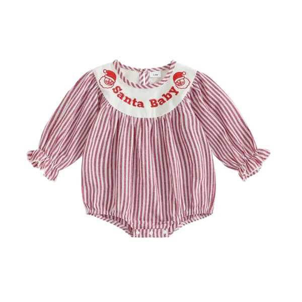Striped Bubble Romper with Christmas Embroidery