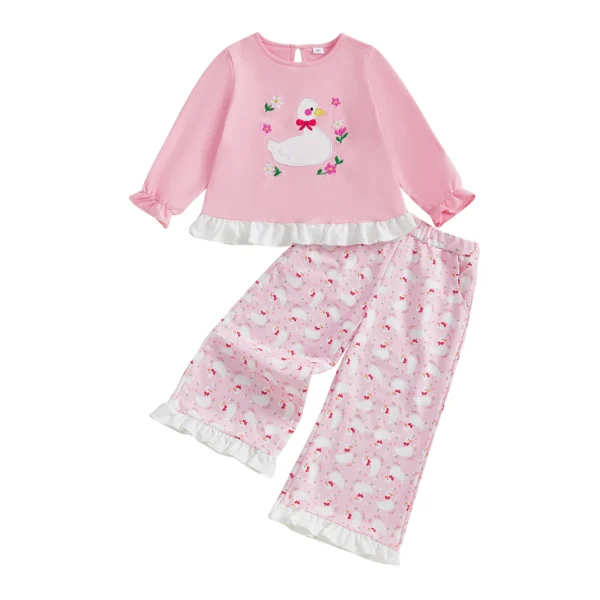 Embroidered Long Sleeve T-shirt with Goose Print Pants Set